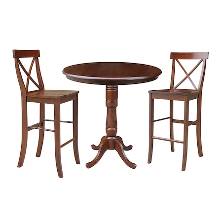 International Concepts Round 36 in Rd Pedestal Bar Height Table, 2 X-Back Bar Height Stools, Espresso, 36 in W, 36 in L K581-36-6B-2-6133